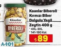 KAANLAR BİBEROLİ KIRMIZI BİBER DOLGULU YEŞİL ZEYTİN 400 G